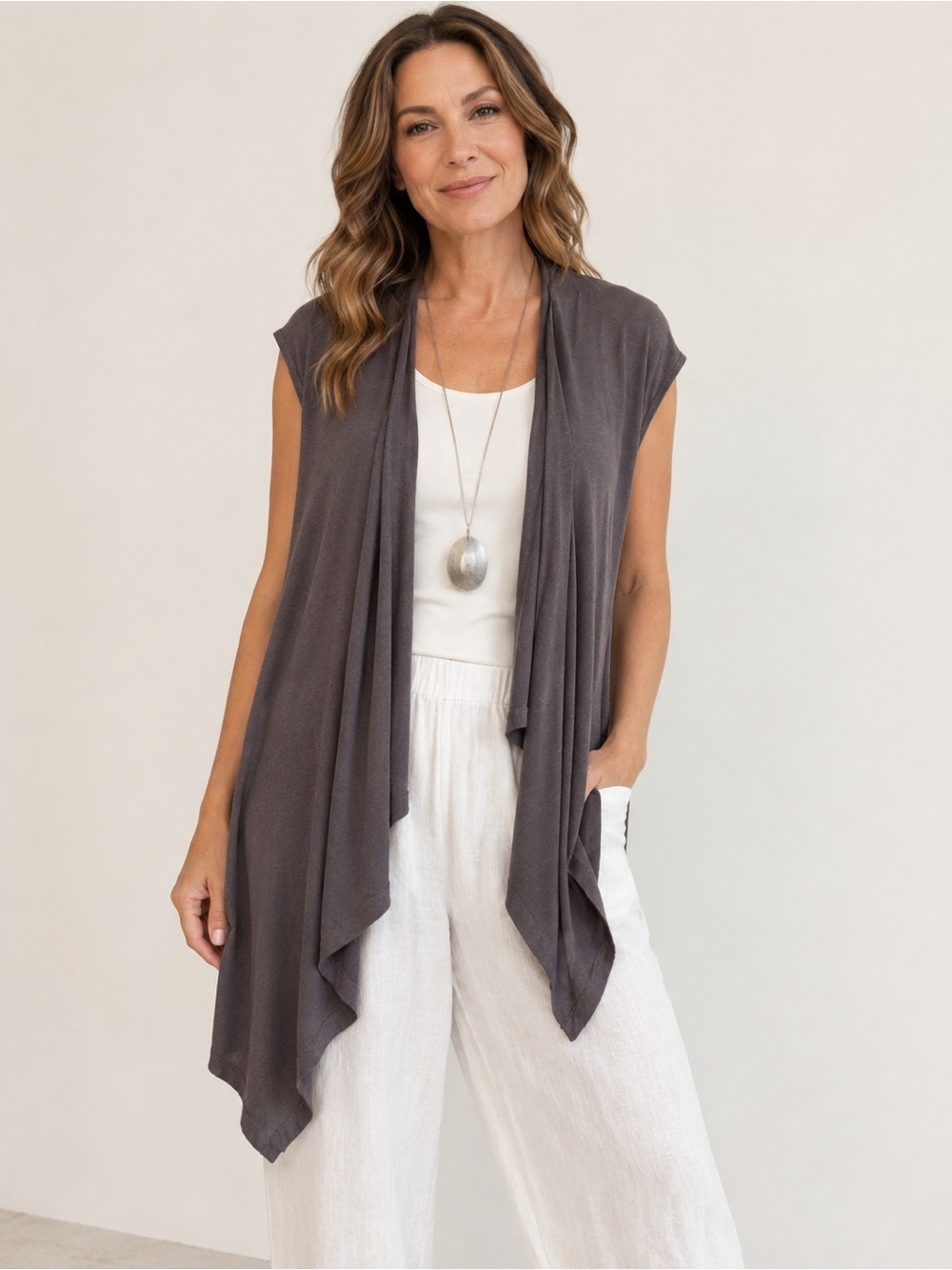 Bryn Walker Bamboo Blend Open Front Drape vest Cardigan Taupe Gray Mauve, Medium